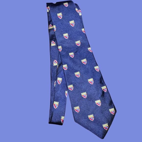 Vintage Polo by Ralph Lauren Blue Yellow Crest Tie 100% Silk Hand Made - Picture 1 of 5